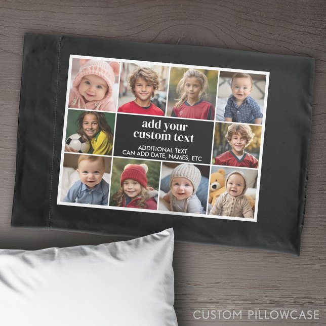 10 Photo Border with Text Center - black white Pillow Case (Create Your Own Photo Collage Pillowcase)