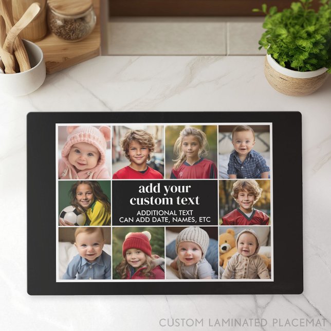 10 Photo Border with Text Center - black white Placemat (Custom Photo Gallery on a Placemat)