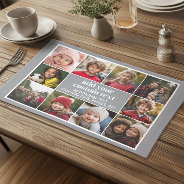 10 Photo Border with Text Center - gray white Cloth Placemat (Custom Cloth Placemat with Photo Collage)