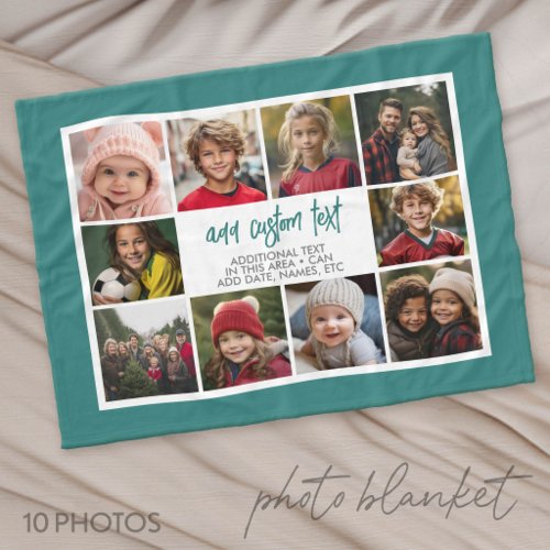 10 Photo Border with Text Center - Teal Fleece Blanket