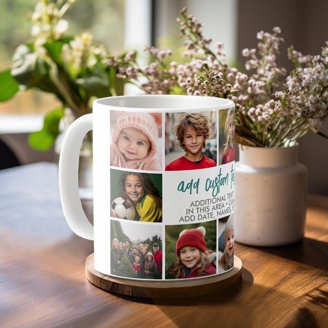 10 Photo Border with Text Center - Teal Gray Coffee Mug (Personalized mug template with a funky 10 photo collage and custom text)