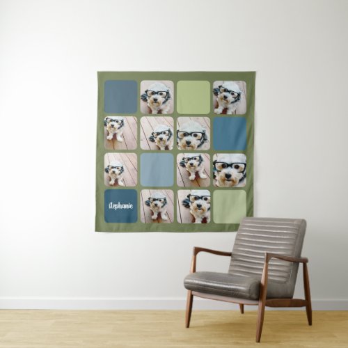 10 Photo Collage Blue Green Grid _ Script Name Tapestry