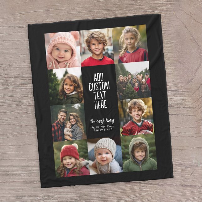 10 Photo Collage Border - Center White Text Blocks Fleece Blanket (10 photo personalized fleece blanket with a message in the middle)