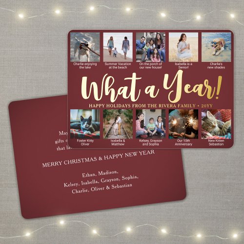 10 Photo Collage  Captions Burgundy What a Year Foil Holiday Card