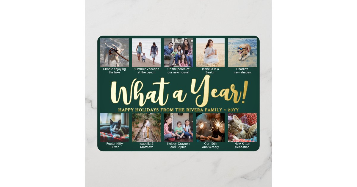 10 Photo Collage & Captions Green What a Year! Foil Holiday Card Zazzle