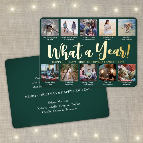 10 Photo Collage  Captions Green What a Year Foil Holiday Card