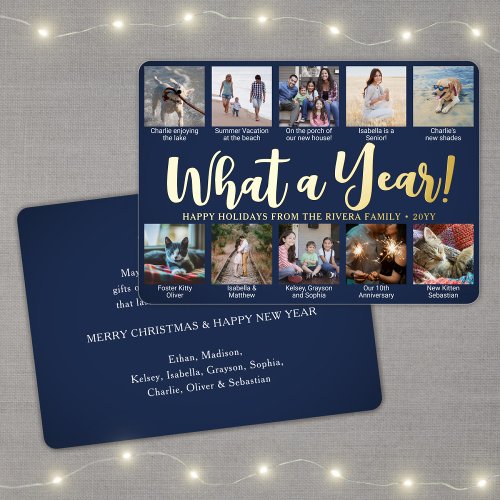 10 Photo Collage  Captions Navy Blue What a Year Foil Holiday Card