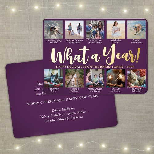 10 Photo Collage  Captions Purple What a Year Foil Holiday Card
