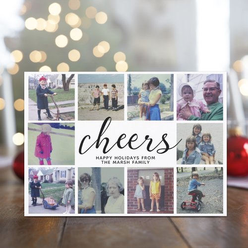 10 Photo Collage Cheers with Black Gray Stripes Holiday Card