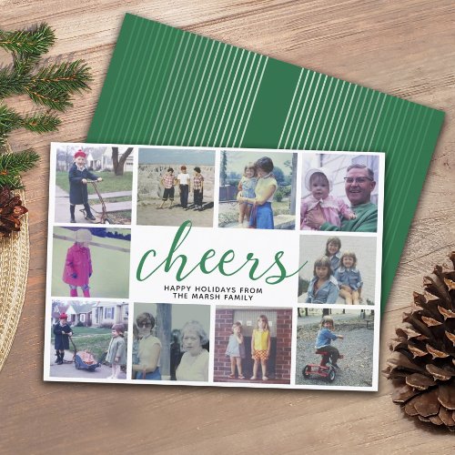 10 Photo Collage Cheers with Green Stripe Pattern Holiday Card