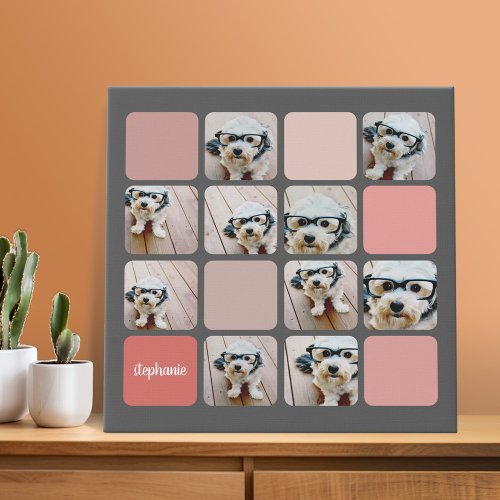 10 Photo Collage _ colorful grid with script name Faux Canvas Print