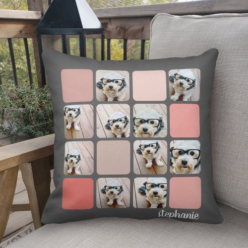 10 Photo Collage _ colorful grid with script name Throw Pillow