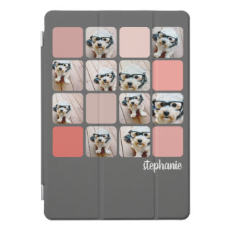 10 Photo Collage Gray Blush Pink Coral Script Name iPad Pro Cover