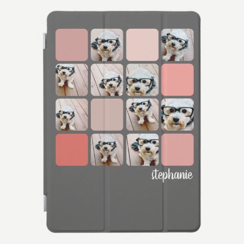 10 Photo Collage Gray Blush Pink Coral Script Name iPad Pro Cover
