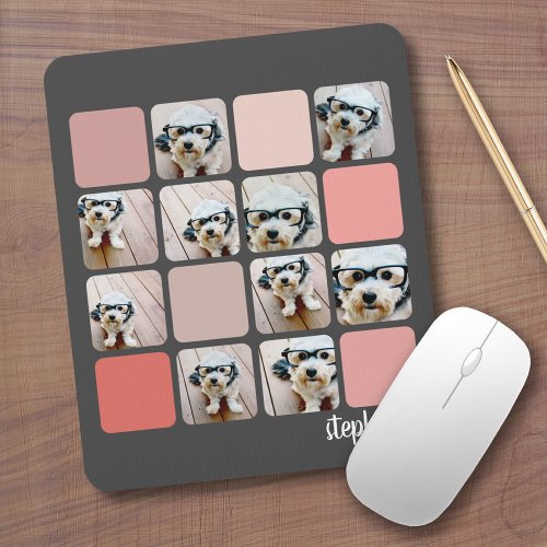 10 Photo Collage Gray Blush Pink Coral Script Name Mouse Pad