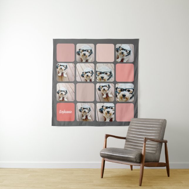 10 Photo Collage Gray Blush Pink Coral Script Name Tapestry (In Situ)