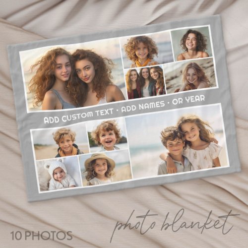10 Photo Collage Grid - Custom Text in Middle Fleece Blanket