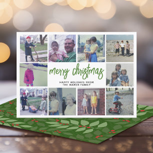 10 Photo Collage - Merry Christmas Green Botanical Holiday Card