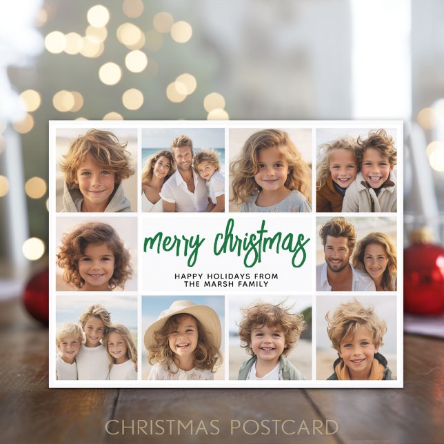 10 Photo Collage - Merry Christmas Green Holiday Postcard (Holiday Postcard with 10 Photos)
