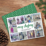 10 Photo Collage - Merry Christmas Green Pattern Holiday Card<br><div class="desc">Use 10 square photos and make a unique and trendy Merry Christmas greeting with a rustic modern script on the front and a simple pattern on the back. If you need to move anything around,  click on the customize button to make changes.</div>