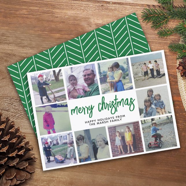 10 Photo Collage - Merry Christmas Green Pattern Holiday Card (Creator Uploaded)