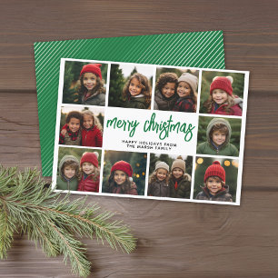 10 Photo Collage - Merry Christmas Green Stripes Holiday Card