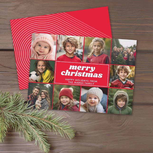 10 Photo Collage - Merry Christmas Red Line Art Holiday Card (Modern online Christmas Card with 10 Photos and a bounce script for the greeting - download option)
