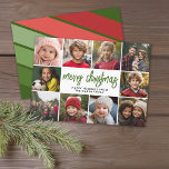 10 Photo Collage - Merry Christmas Retro Stripes Holiday Card<br><div class="desc">Deep green and red retro stripe pattern -- Use 10 square photos and make a unique and trendy Merry Christmas greeting with a rustic modern script on the front and a festive line art pattern on the back. If you need to move anything around, click on the customize button to...</div>