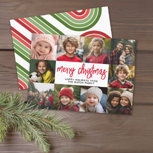 10 Photo Collage - Merry Christmas Retro Stripes Holiday Card