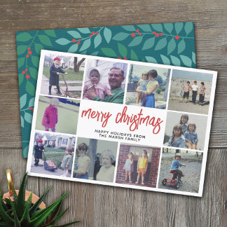 10 Photo Collage - Merry Christmas Teal Botanical Holiday Card