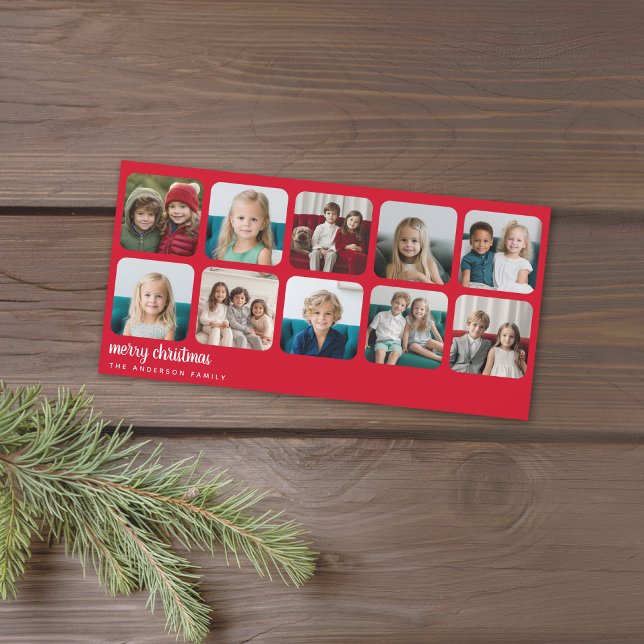 10 Photo Collage Minimal Christmas red Holiday Card (Holiday Photo card with a 10 Photo Collage. Download Option Available. Red Accents)