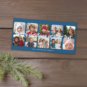 10 Photo Collage Minimal Merry Christmas blue Holiday Card