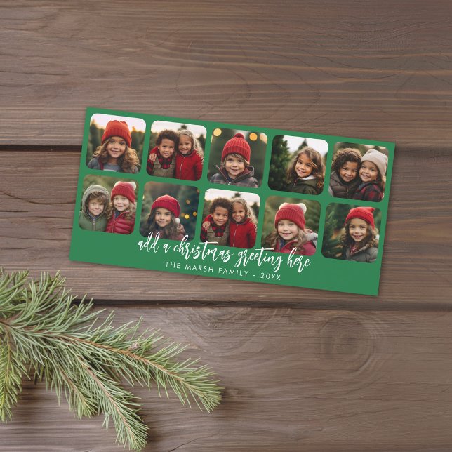 10 Photo Collage - Minimal Merry Christmas - green Holiday Card (Holiday Photo card with 10 Photo Collage. Download Option Available. Red Accents)