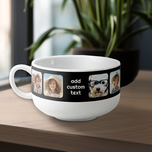 10 Photo Collage - Modern Rounded Corner Black Soup Mug (Personalized Soup Mug - Add Your Photos and Text for a Great Gift)
