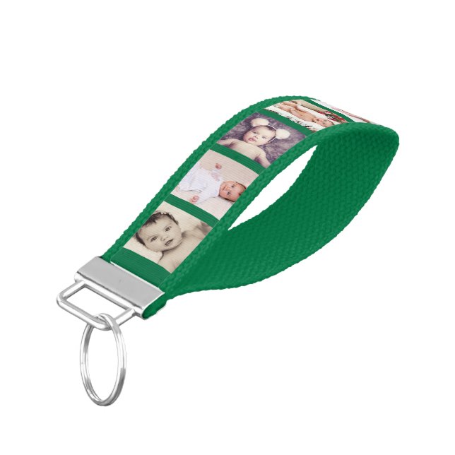 10 Photo Collage Personalized (green) Wrist Keychain (Angled Down)
