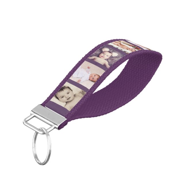 10 Photo Collage Personalized (purple) Wrist Keychain (Angled Down)