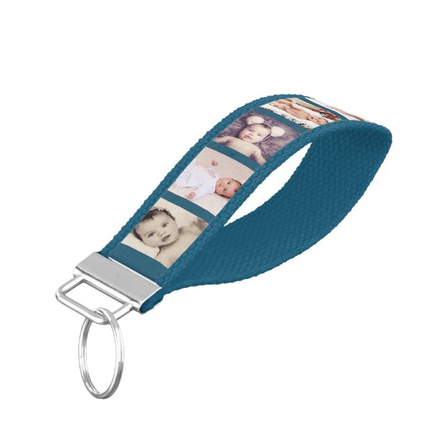 10 Photo Collage Personalized (royal) Wrist Keychain (Angled Down)