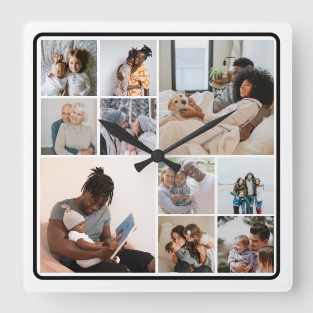 10 Photo Collage Personalized Square Wall Clock (Front)