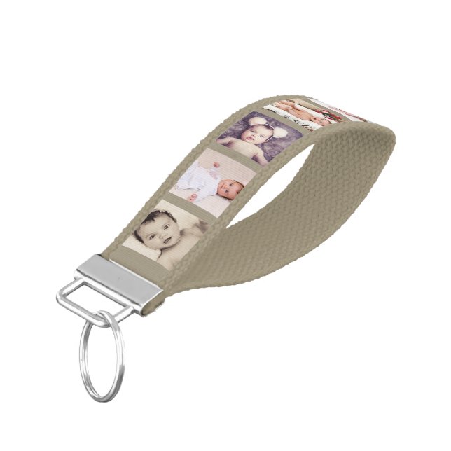 10 Photo Collage Personalized (tan) Wrist Keychain (Angled Down)