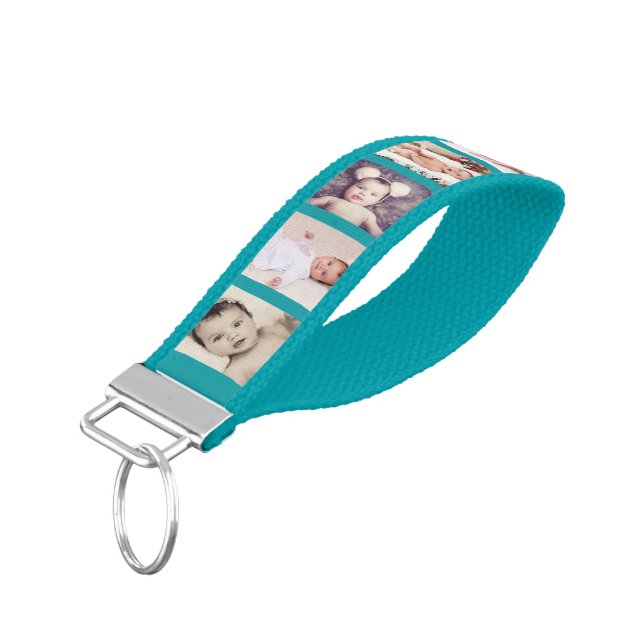 10 Photo Collage Personalized (teal) Wrist Keychain (Angled Down)