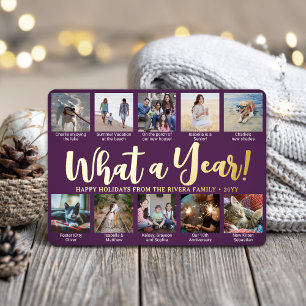 10 Photo Collage Purple What a Year! Trendy Script Foil Holiday Card