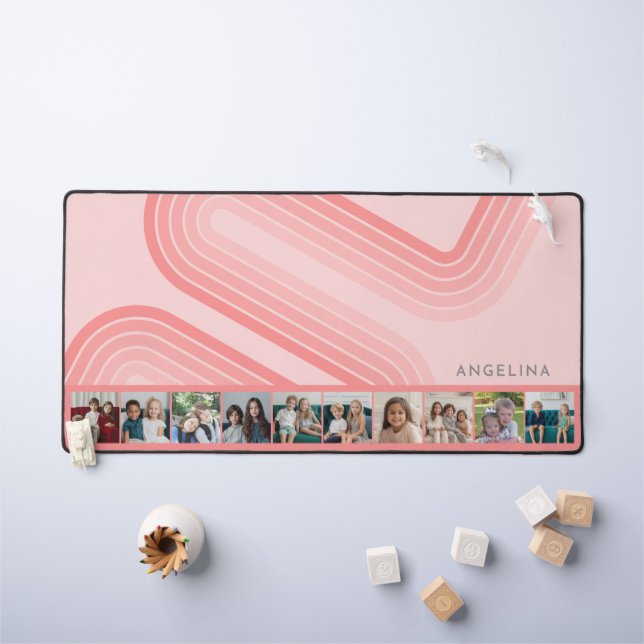 10 Photo Collage Retro Curve and Stripe blush pink Desk Mat (Kids Table)