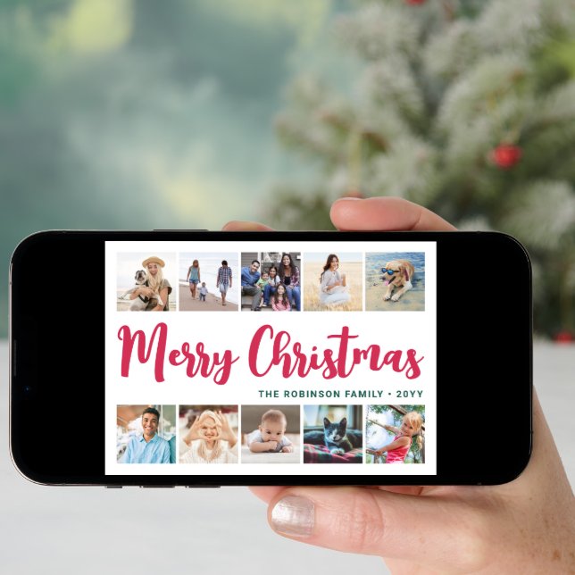 10 Photo Collage Script Merry Christmas Modern Holiday Card (Front Digital)