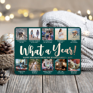 10 Photo Collage Teal Green What a Year! Script Foil Holiday Card