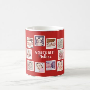 10 Photo Collage With Personalized Text Red Coffee Mug by Ricaso at Zazzle
