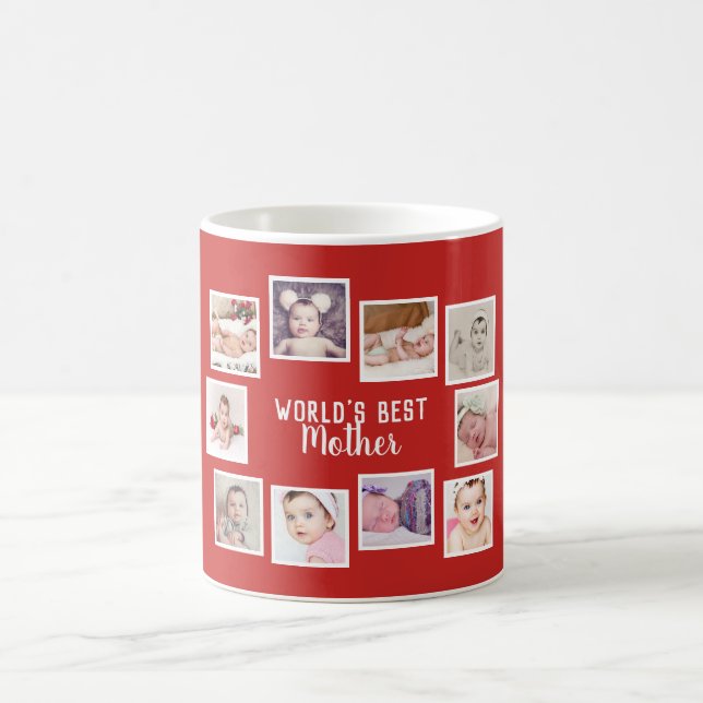 10 Photo Collage With Personalized Text Red Coffee Mug (Center)