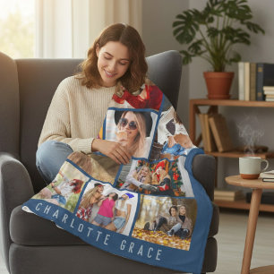 10 Photo Modern Blue Personalized Name Fleece Blanket
