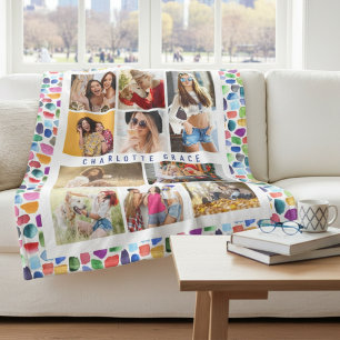 10 Photo Modern Colorful Watercolor Abstract Name Fleece Blanket