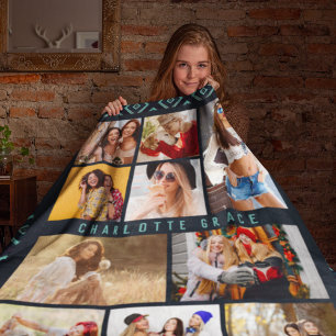 10 Photo Modern Geometric Stylish Name Fleece Blanket