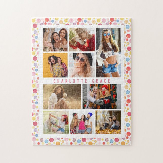 10 Photo Modern Stylish Watercolor Polka Dots Name Jigsaw Puzzle (Vertical)